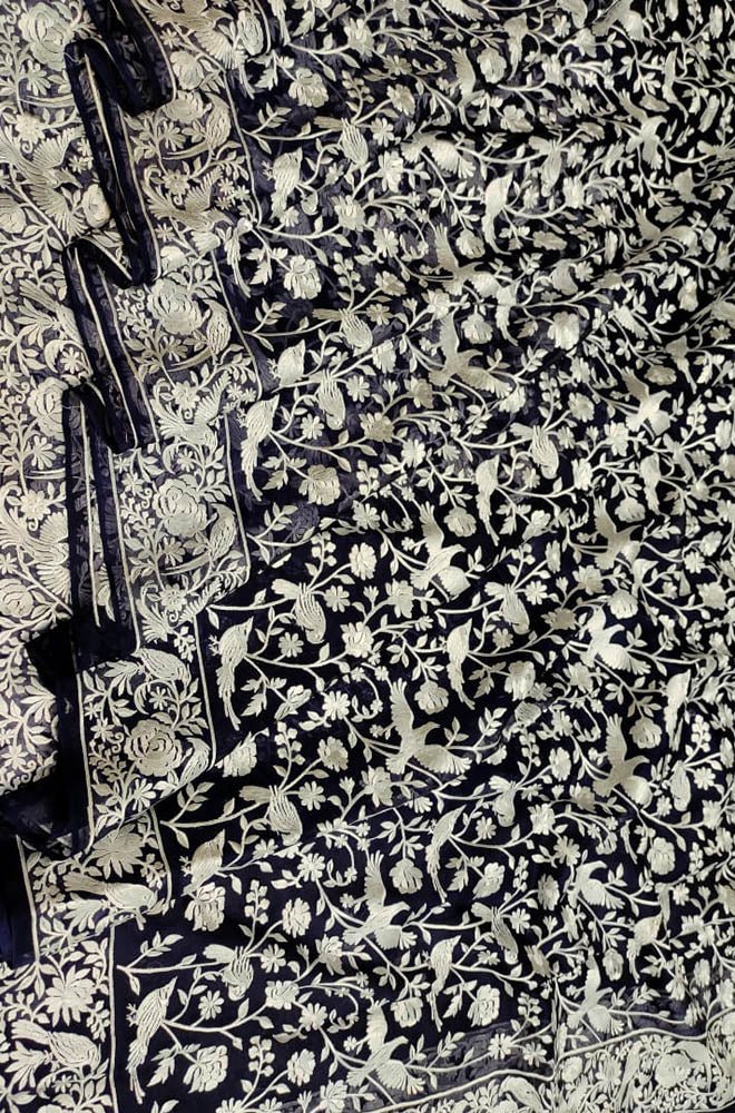 Blue Embroidered Parsi Gara Georgette Floral And Bird Design Saree - Luxurion World