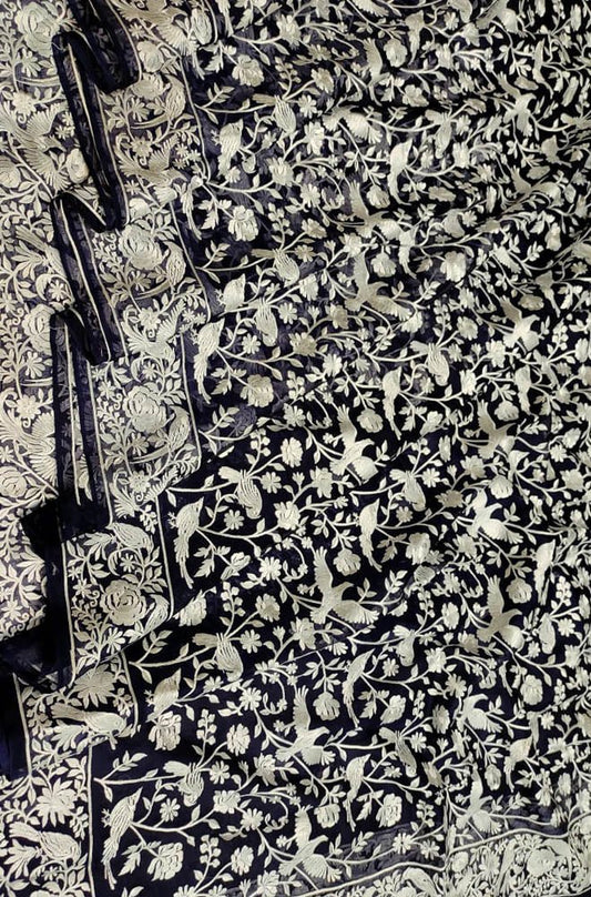 Blue Embroidered Parsi Gara Georgette Floral And Bird Design Saree - Luxurion World