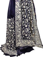 Blue Embroidered Parsi Gara Organza Bird And Flower Design Saree - Luxurion World