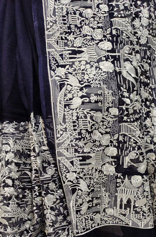 Blue Embroidered Parsi Gara Organza Figure Work Saree - Luxurion World