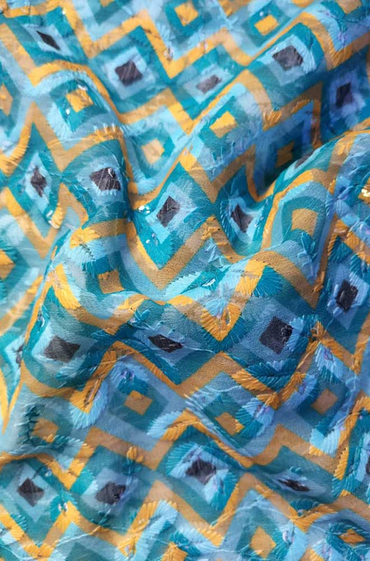Blue Embroidered Trendy Digital Printed Georgette Fabric ( 1 Mtr )