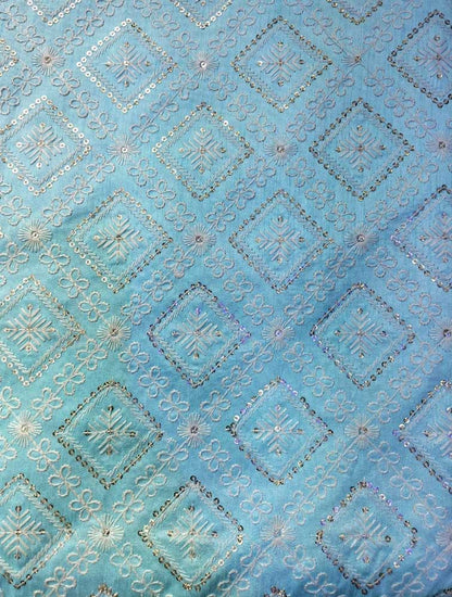 Blue Embroidered Trendy Dupion Sequins Work Fabric ( 1 Mtr ) - Luxurion World