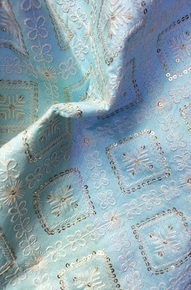 Blue Embroidered Trendy Dupion Sequins Work Fabric ( 1 Mtr )