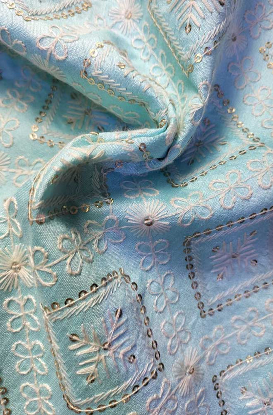 Blue Embroidered Trendy Dupion Sequins Work Fabric ( 1 Mtr )