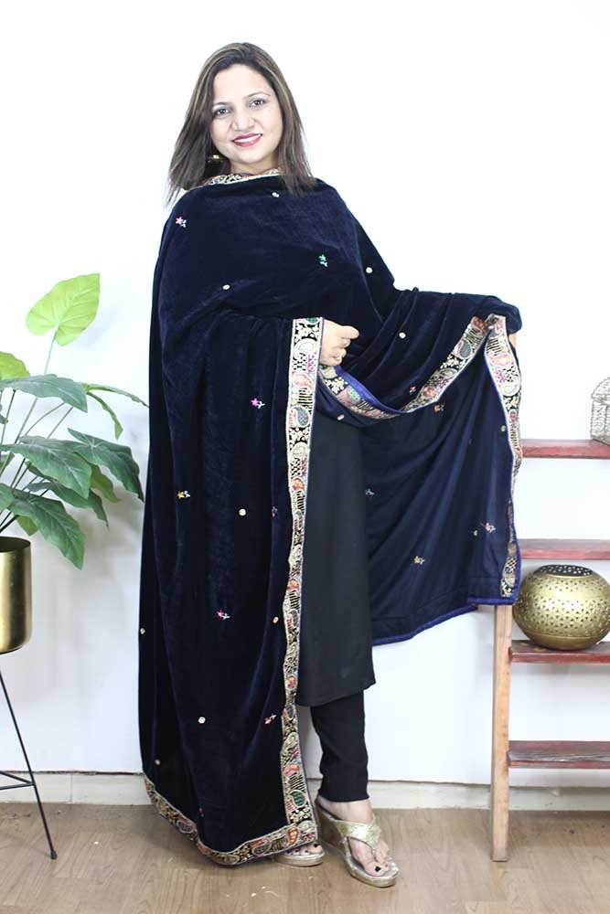 Blue Embroidered Trendy Velvet Dupatta - Luxurion World