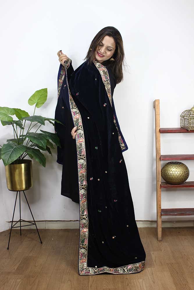 Blue Embroidered Trendy Velvet Dupatta - Luxurion World