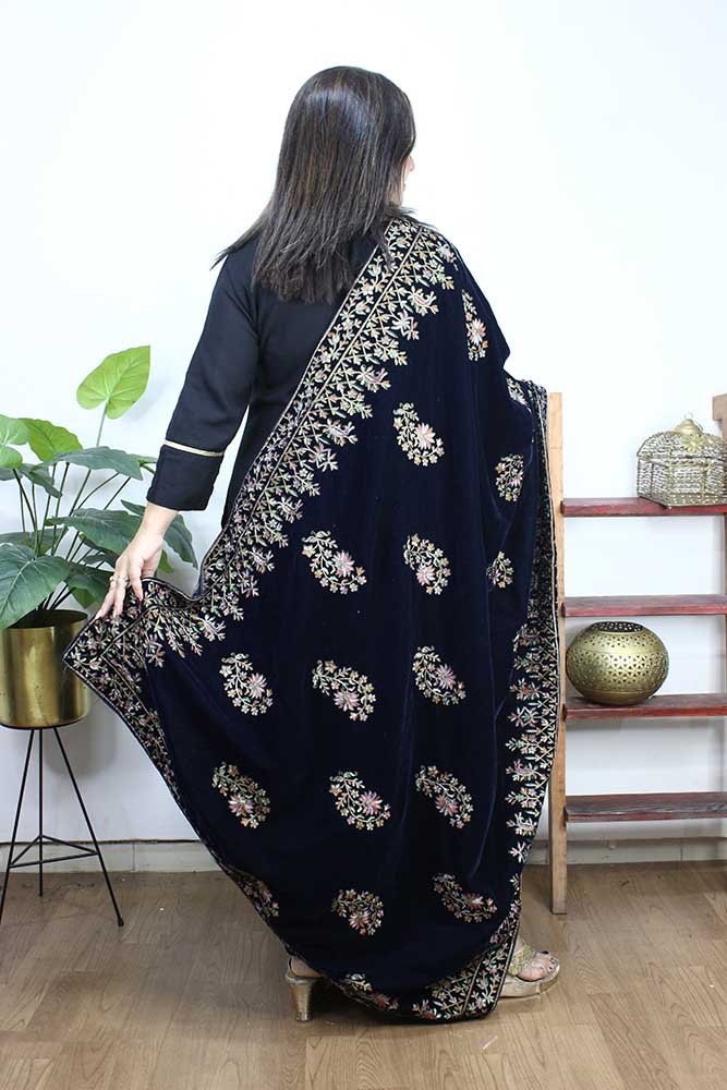 Blue Embroidered Trendy Velvet Dupatta - Luxurion World