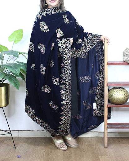 Blue Embroidered Trendy Velvet Dupatta