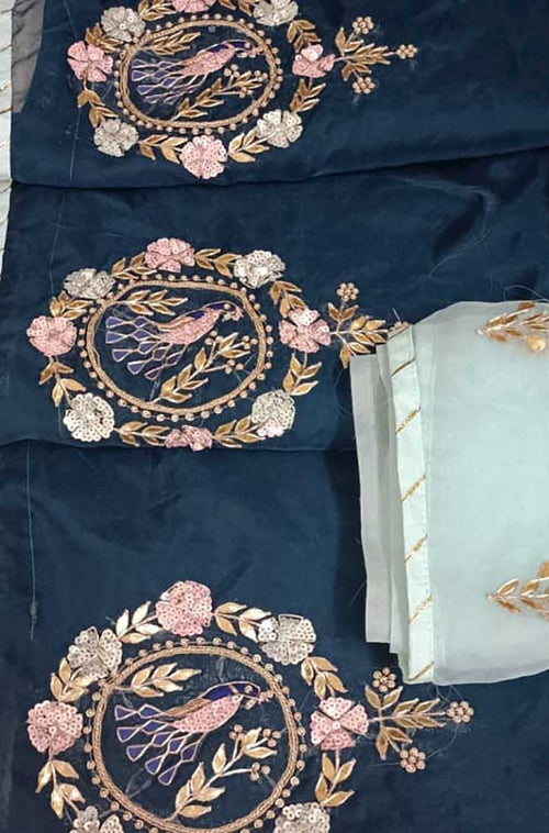 Blue Gota And Zardozi Work Organza Saree - Luxurion World