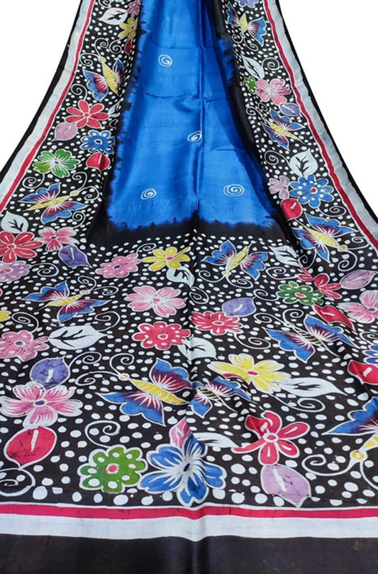 Blue Hand Batik Silk Saree - Luxurion World