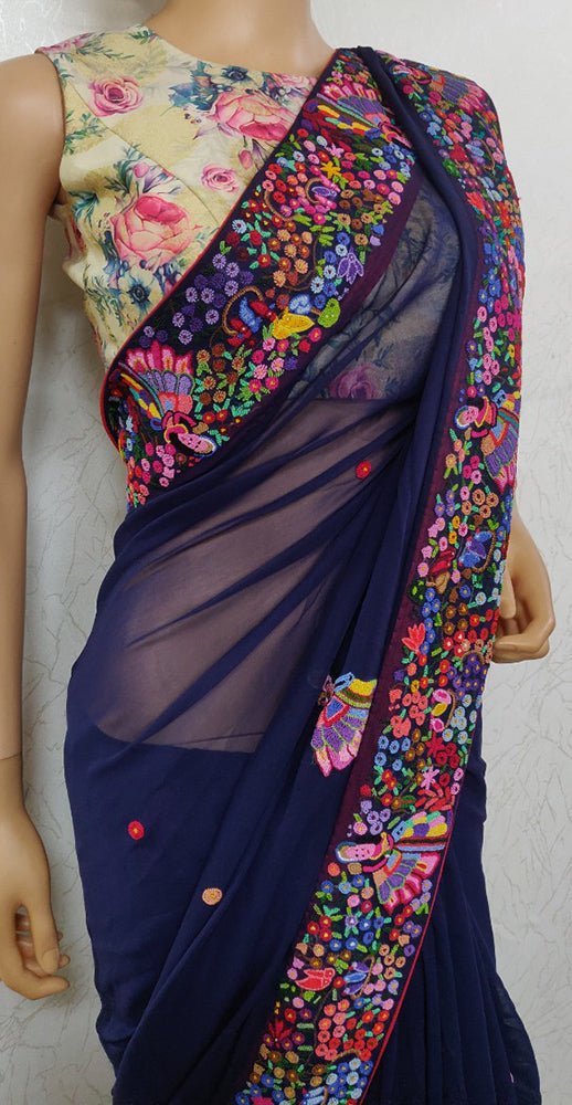Blue Hand Embroidered French Knot Pure Georgette Floral Design Saree - Luxurion World