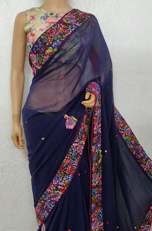 Blue Hand Embroidered French Knot Pure Georgette Floral Design Saree