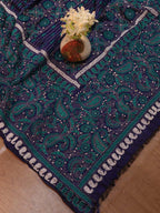 Blue Hand Embroidered Kantha Bangalore Silk Dupatta - Luxurion World