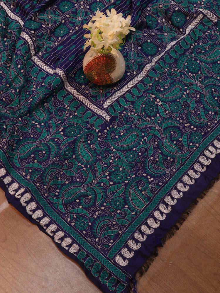 Blue Hand Embroidered Kantha Bangalore Silk Dupatta - Luxurion World