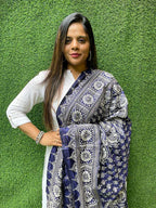 Blue Hand Embroidered Kantha Bangalore Silk Dupatta - Luxurion World