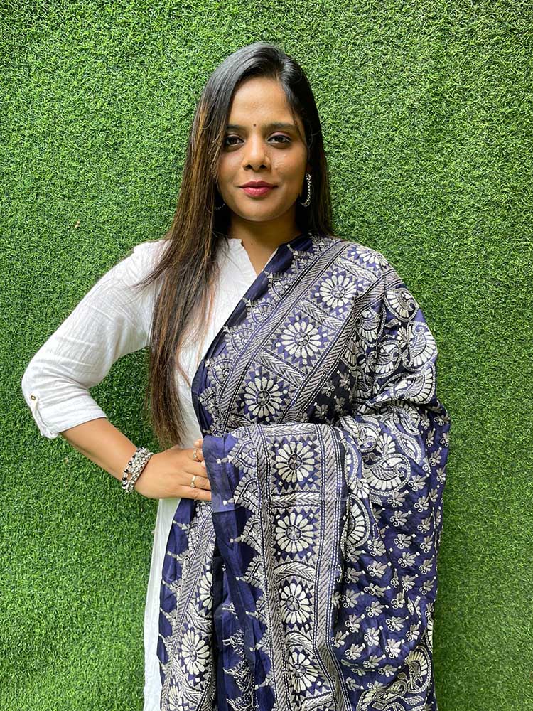 Blue Hand Embroidered Kantha Bangalore Silk Dupatta - Luxurion World