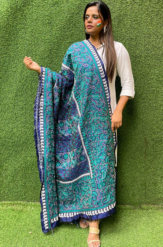 Blue Hand Embroidered Kantha Bangalore Silk Dupatta - Luxurion World