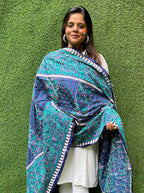 Blue Hand Embroidered Kantha Bangalore Silk Dupatta - Luxurion World