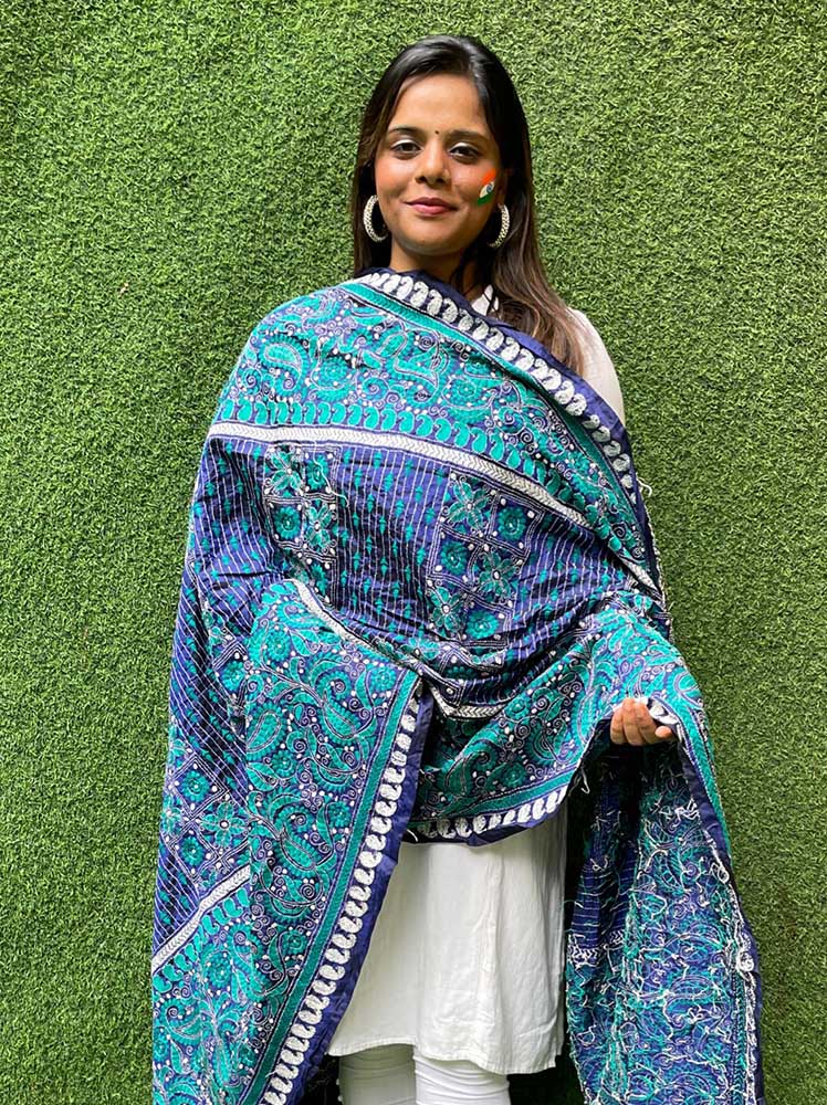 Blue Hand Embroidered Kantha Bangalore Silk Dupatta - Luxurion World