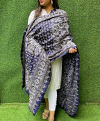 Blue Hand Embroidered Kantha Bangalore Silk Dupatta - Luxurion World