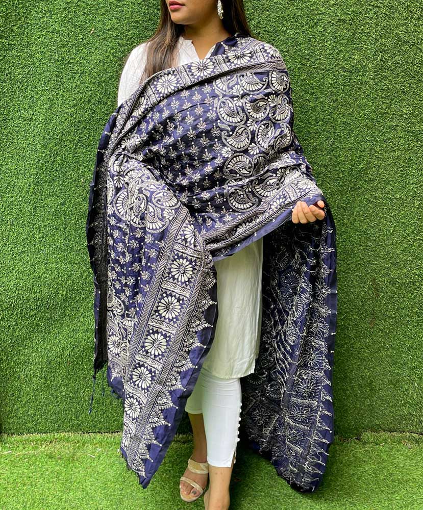 Blue Hand Embroidered Kantha Bangalore Silk Dupatta - Luxurion World