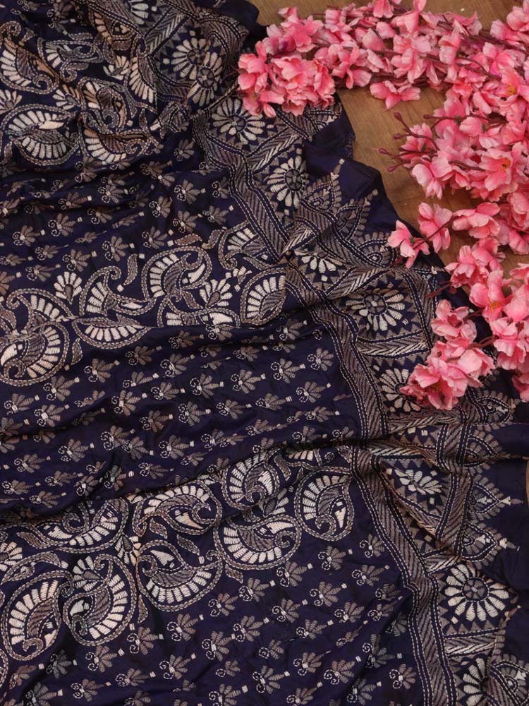 Blue Hand Embroidered Kantha Bangalore Silk Dupatta - Luxurion World