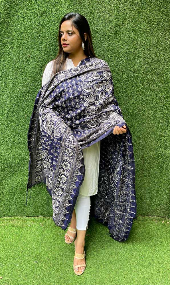 Blue Hand Embroidered Kantha Bangalore Silk Dupatta - Luxurion World