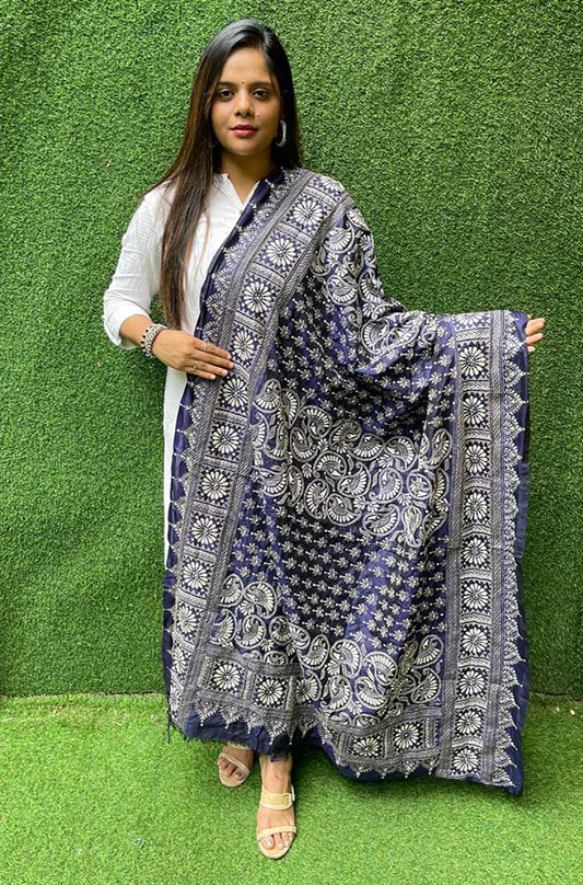 Blue Hand Embroidered Kantha Bangalore Silk Dupatta - Luxurion World