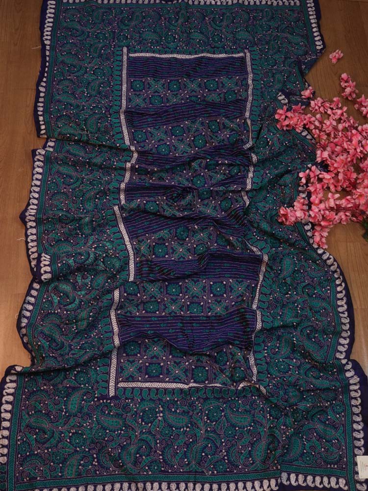 Blue Hand Embroidered Kantha Bangalore Silk Dupatta - Luxurion World