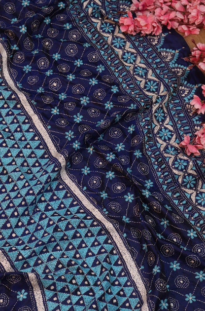 Stunning Blue Kantha Silk Dupatta with Hand Embroidery
