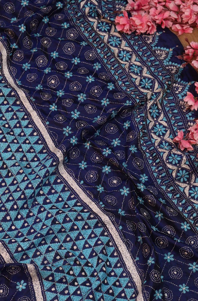 Stunning Blue Kantha Silk Dupatta with Hand Embroidery - Luxurion World
