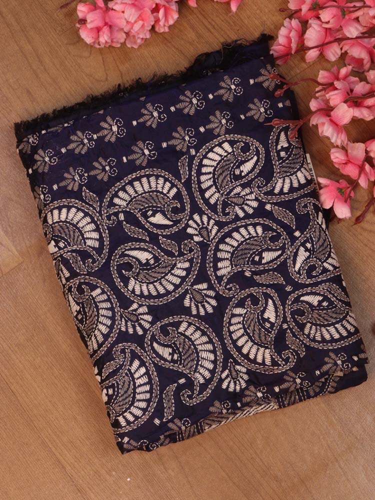 Blue Hand Embroidered Kantha Bangalore Silk Dupatta - Luxurion World
