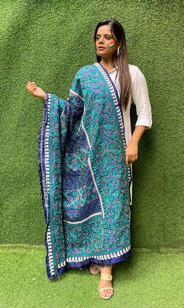 Blue Hand Embroidered Kantha Bangalore Silk Dupatta - Luxurion World