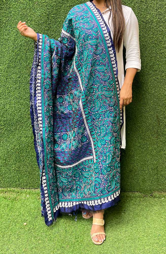Blue Hand Embroidered Kantha Bangalore Silk Dupatta - Luxurion World