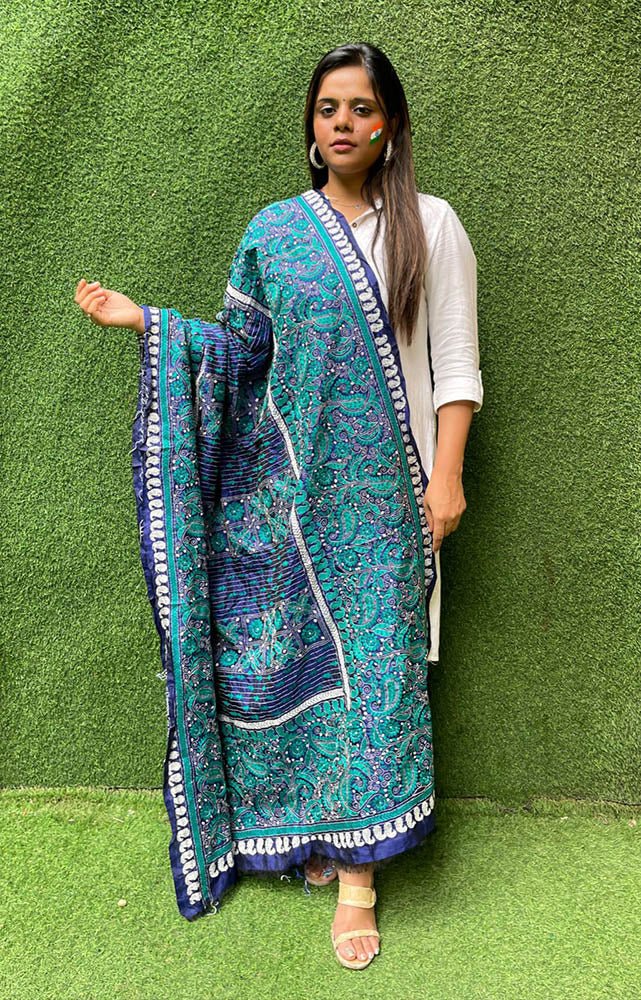 Blue Hand Embroidered Kantha Bangalore Silk Dupatta - Luxurion World
