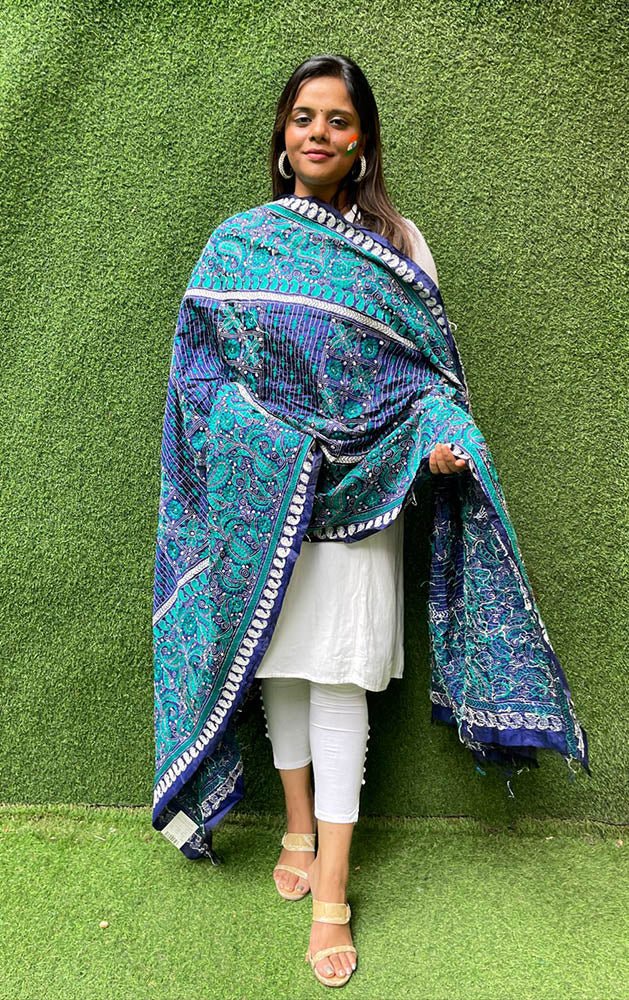 Blue Hand Embroidered Kantha Bangalore Silk Dupatta - Luxurion World