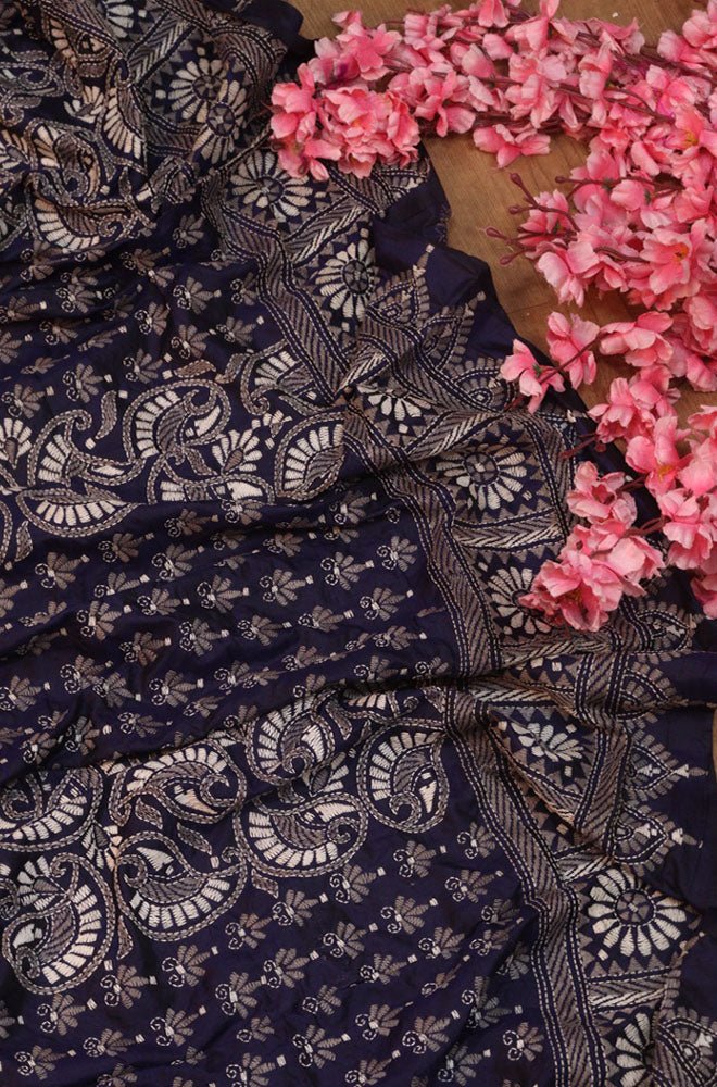 Blue Hand Embroidered Kantha Bangalore Silk Dupatta - Luxurion World