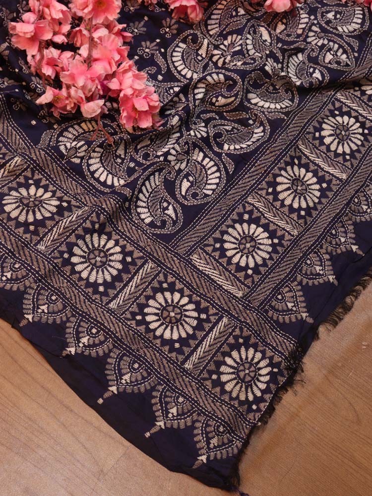 Blue Hand Embroidered Kantha Bangalore Silk Dupatta - Luxurion World