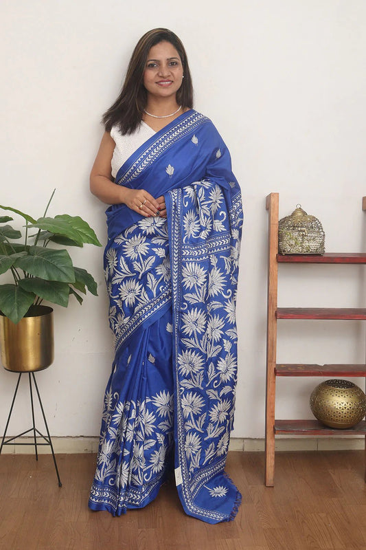 Blue Hand Embroidered Kantha Pure Bangalore Silk Saree - Luxurion World