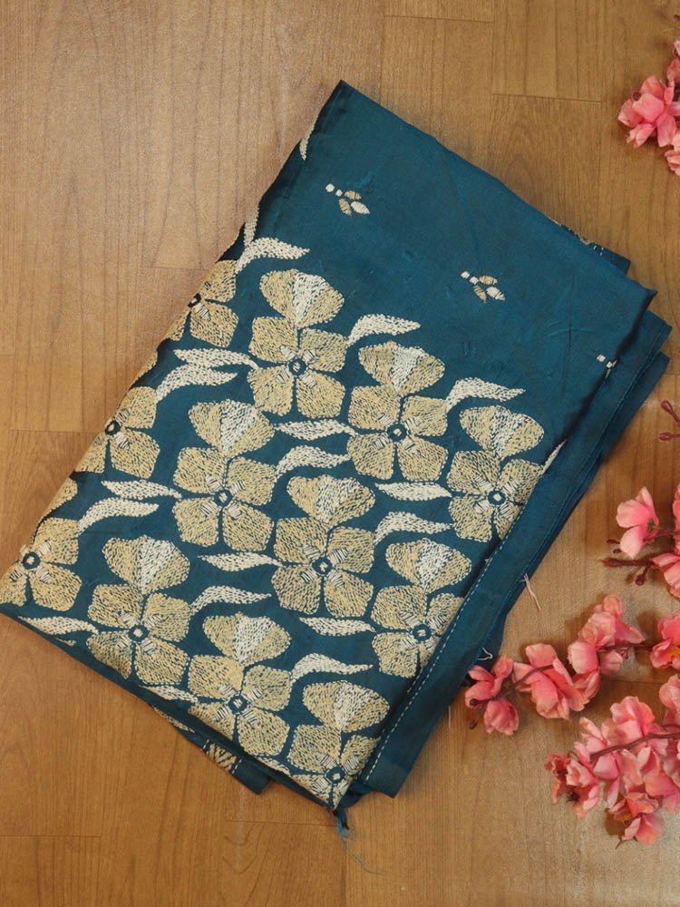 Exquisite Blue Kantha Silk Saree with Hand Embroidery - Luxurion World