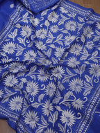 Blue Hand Embroidered Kantha Pure Bangalore Silk Saree - Luxurion World