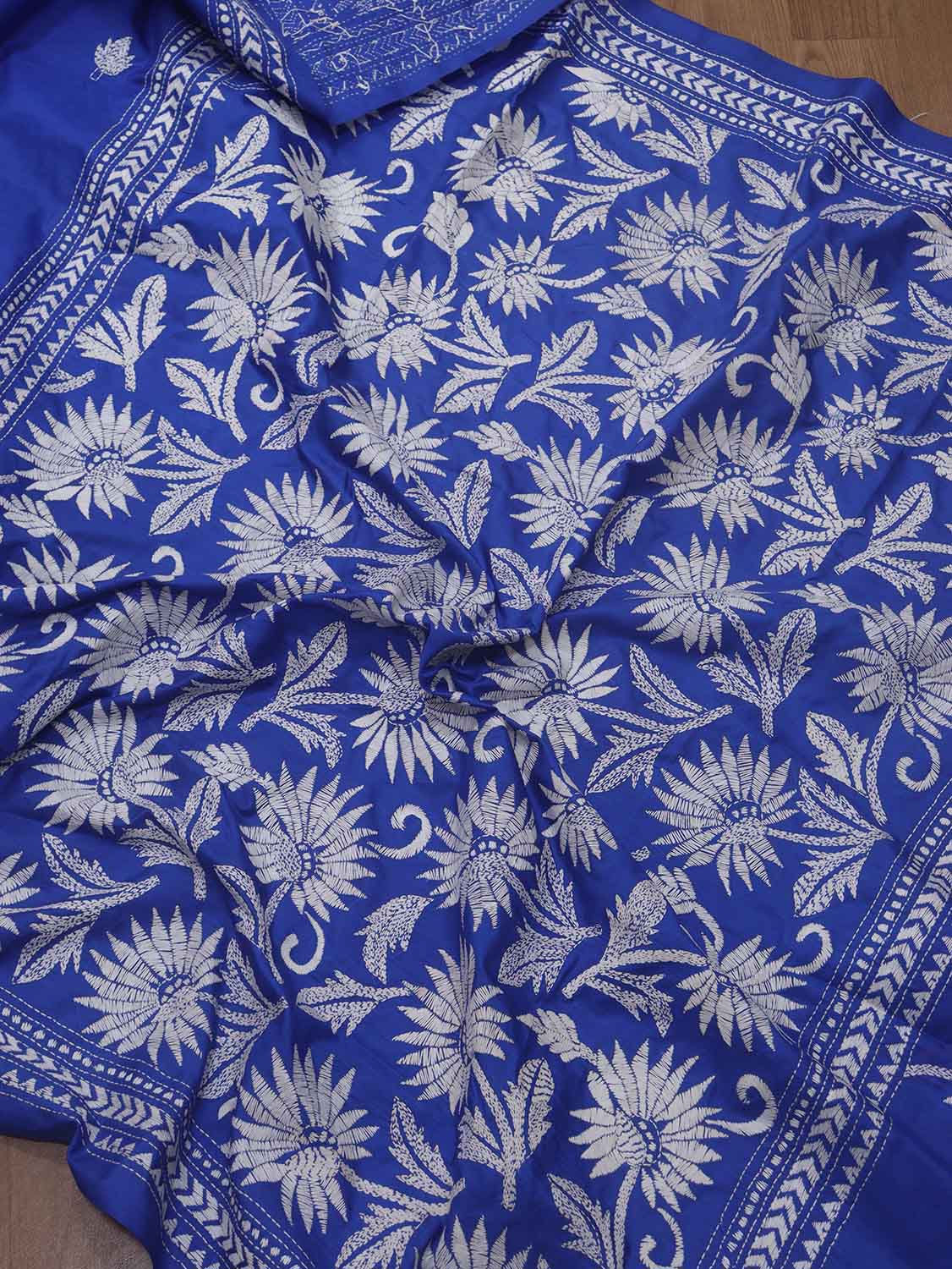 Blue Hand Embroidered Kantha Pure Bangalore Silk Saree - Luxurion World
