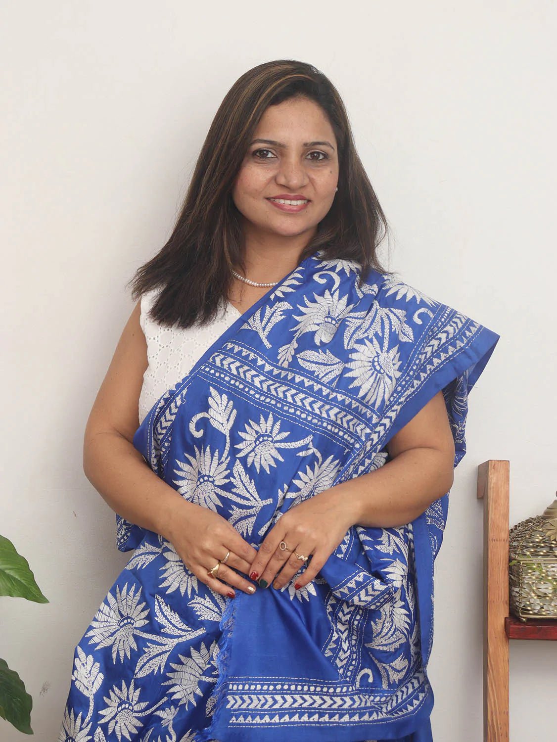 Blue Hand Embroidered Kantha Pure Bangalore Silk Saree - Luxurion World