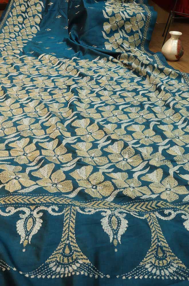 Exquisite Blue Kantha Silk Saree with Hand Embroidery - Luxurion World