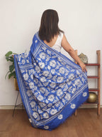 Blue Hand Embroidered Kantha Pure Bangalore Silk Saree - Luxurion World