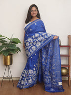Blue Hand Embroidered Kantha Pure Bangalore Silk Saree - Luxurion World