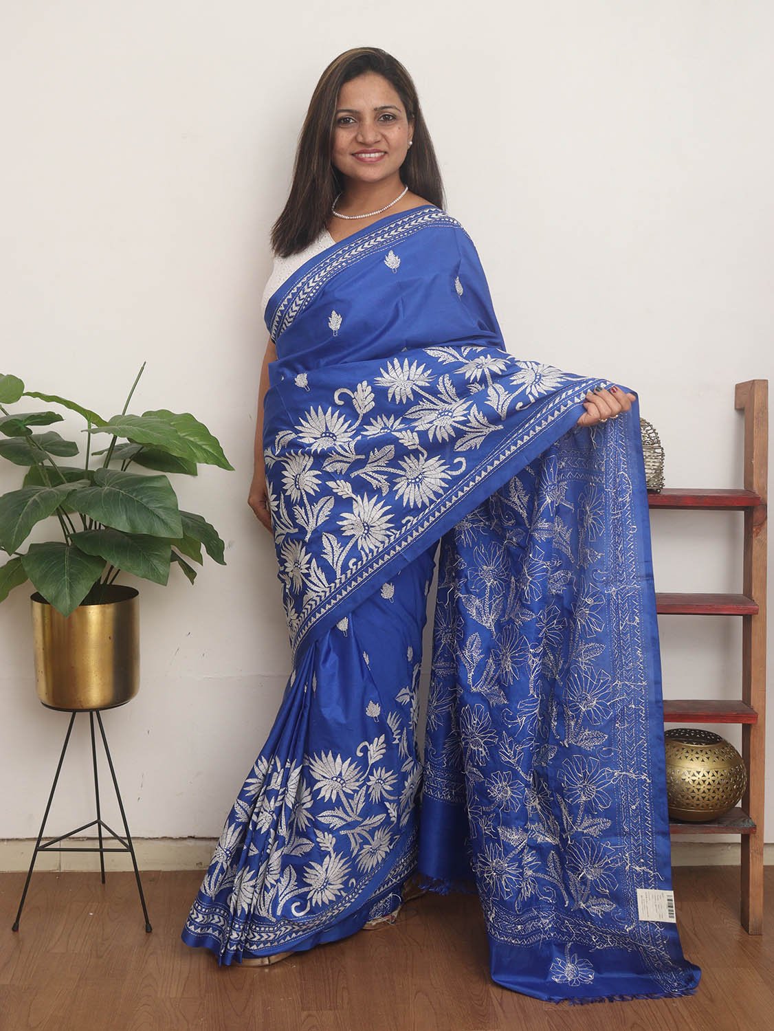 Blue Hand Embroidered Kantha Pure Bangalore Silk Saree - Luxurion World