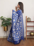 Blue Hand Embroidered Kantha Pure Bangalore Silk Saree - Luxurion World