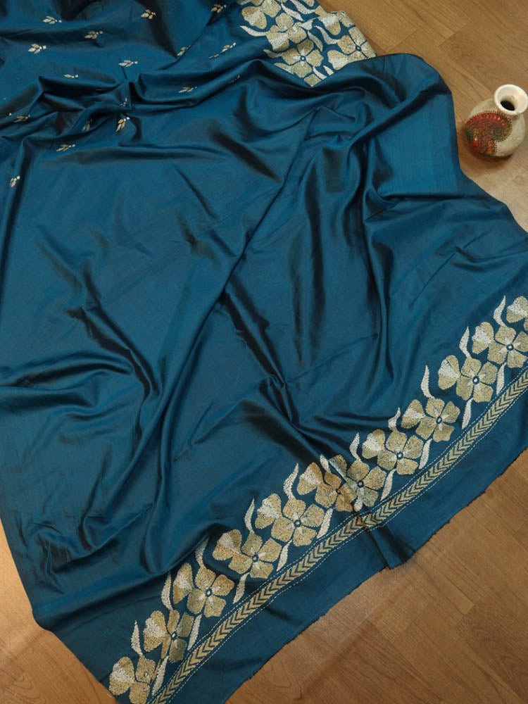 Exquisite Blue Kantha Silk Saree with Hand Embroidery - Luxurion World