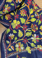 Blue Hand Embroidered Kantha Pure Bangalore Silk Stole - Luxurion World